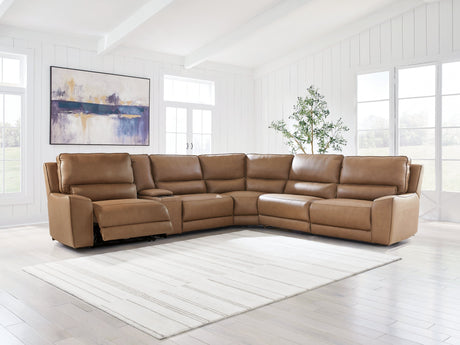 Deepwakes Caramel 6-Piece Reclining Sectional with Storage Console by Ashley at Eve Furniture