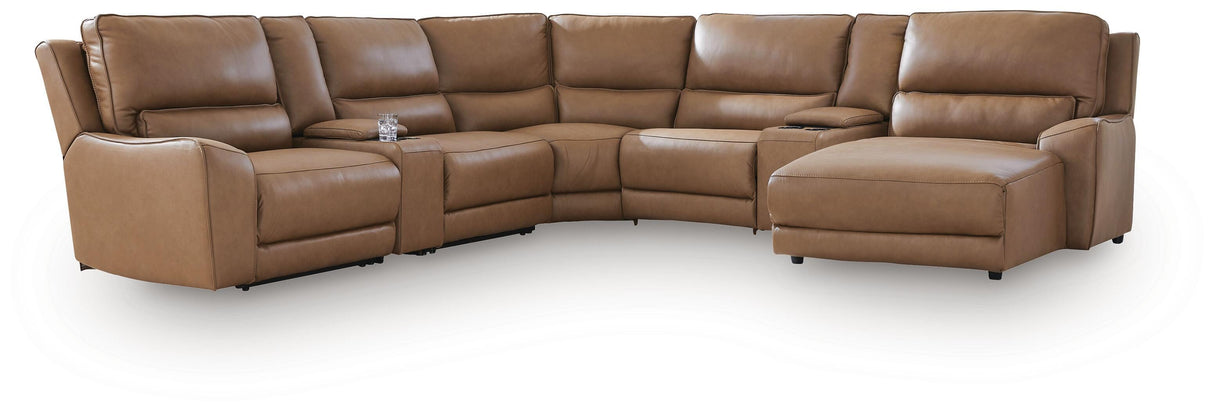 DeepWakes Caramel 7-Piece Reclining Sectional with Chaise and Storage Consoles by Ashley at Eve Furniture