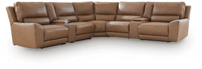 DeepWakes Caramel 7-Piece Reclining Sectional with Storage Consoles by Ashley at Eve Furniture