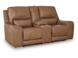 Deepwakes Caramel Power Reclining Loveseat with Console by Ashley at Eve Furniture