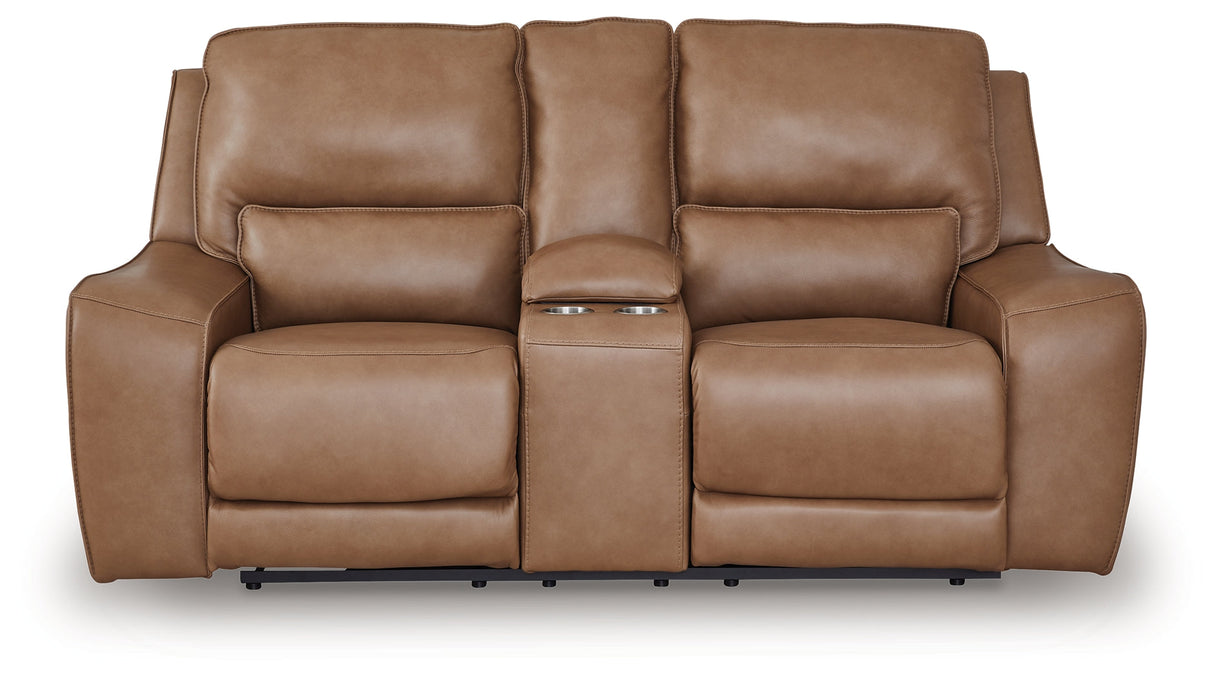 Deepwakes Caramel Power Reclining Loveseat with Console by Ashley at Eve Furniture
