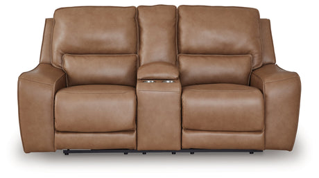 Deepwakes Caramel Power Reclining Loveseat with Console by Ashley at Eve Furniture