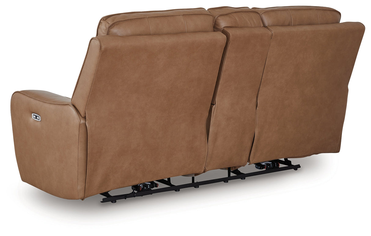 Deepwakes Caramel Power Reclining Loveseat with Console by Ashley at Eve Furniture