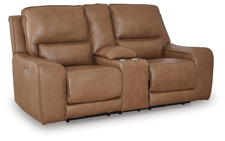 DeepWakes Caramel Power Reclining Loveseat with Console by Ashley at Eve Furniture