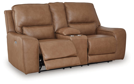 DeepWakes Caramel Power Reclining Loveseat with Console by Ashley at Eve Furniture