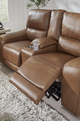 DeepWakes Caramel Power Reclining Loveseat with Console by Ashley at Eve Furniture