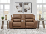 Deepwakes Caramel Power Reclining Loveseat with Console by Ashley at Eve Furniture
