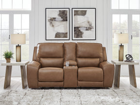 Deepwakes Caramel Power Reclining Loveseat with Console by Ashley at Eve Furniture