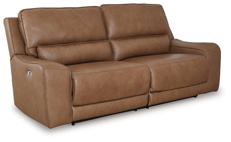 DeepWakes Caramel Dual Power Leather Reclining Sofa by Ashley at Eve Furniture