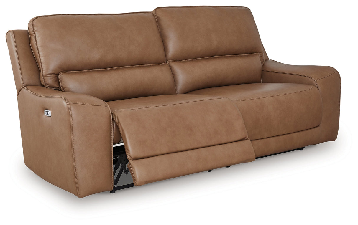 DeepWakes Caramel Dual Power Leather Reclining Sofa by Ashley at Eve Furniture
