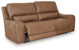 DeepWakes Caramel Dual Power Leather Reclining Sofa by Ashley at Eve Furniture