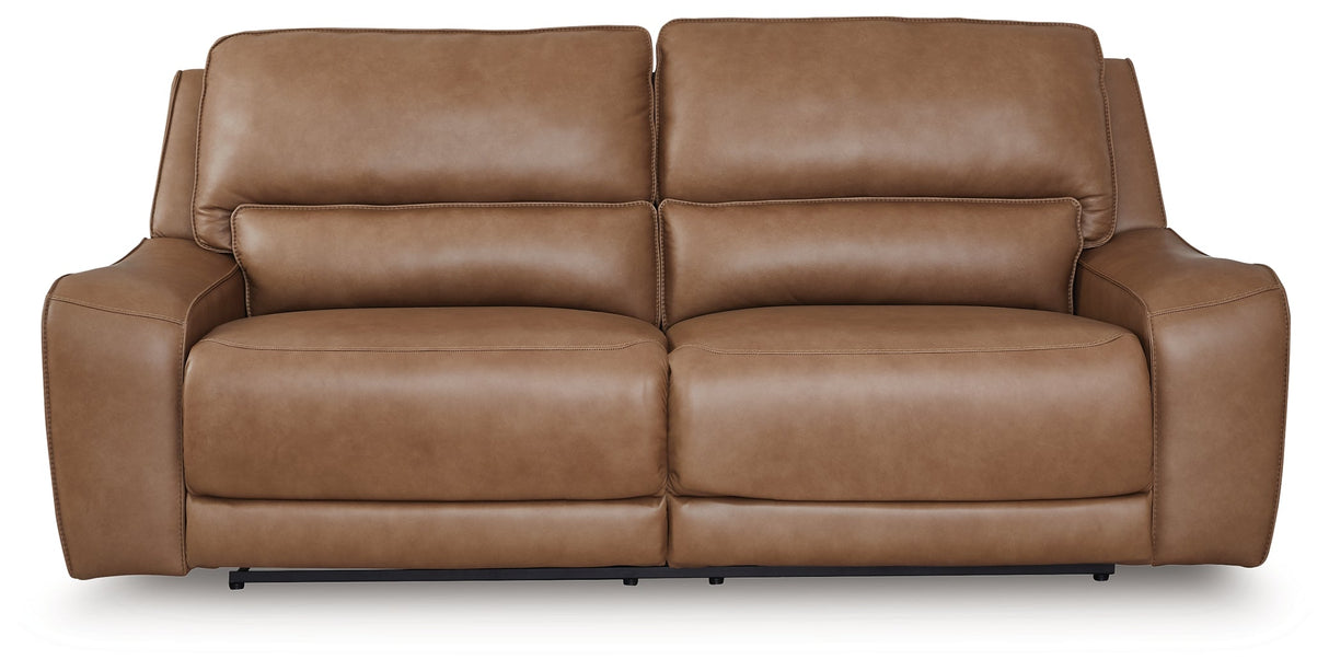 DeepWakes Caramel Dual Power Leather Reclining Sofa by Ashley at Eve Furniture