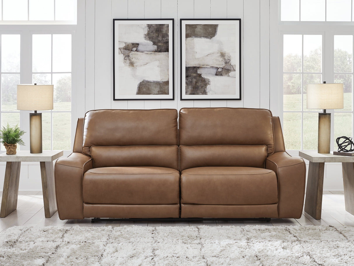 DeepWakes Caramel Dual Power Leather Reclining Sofa by Ashley at Eve Furniture
