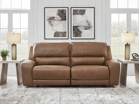 DeepWakes Caramel Dual Power Leather Reclining Sofa by Ashley at Eve Furniture