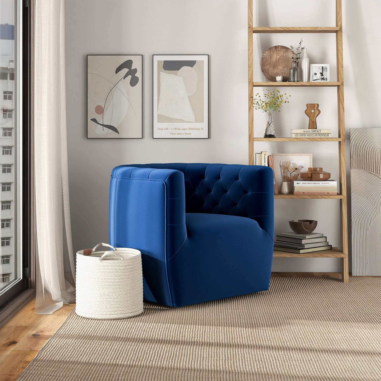 Delaney Dark Blue Velvet Swivel Chair by Ashcroft Furniture at Eve Furniture