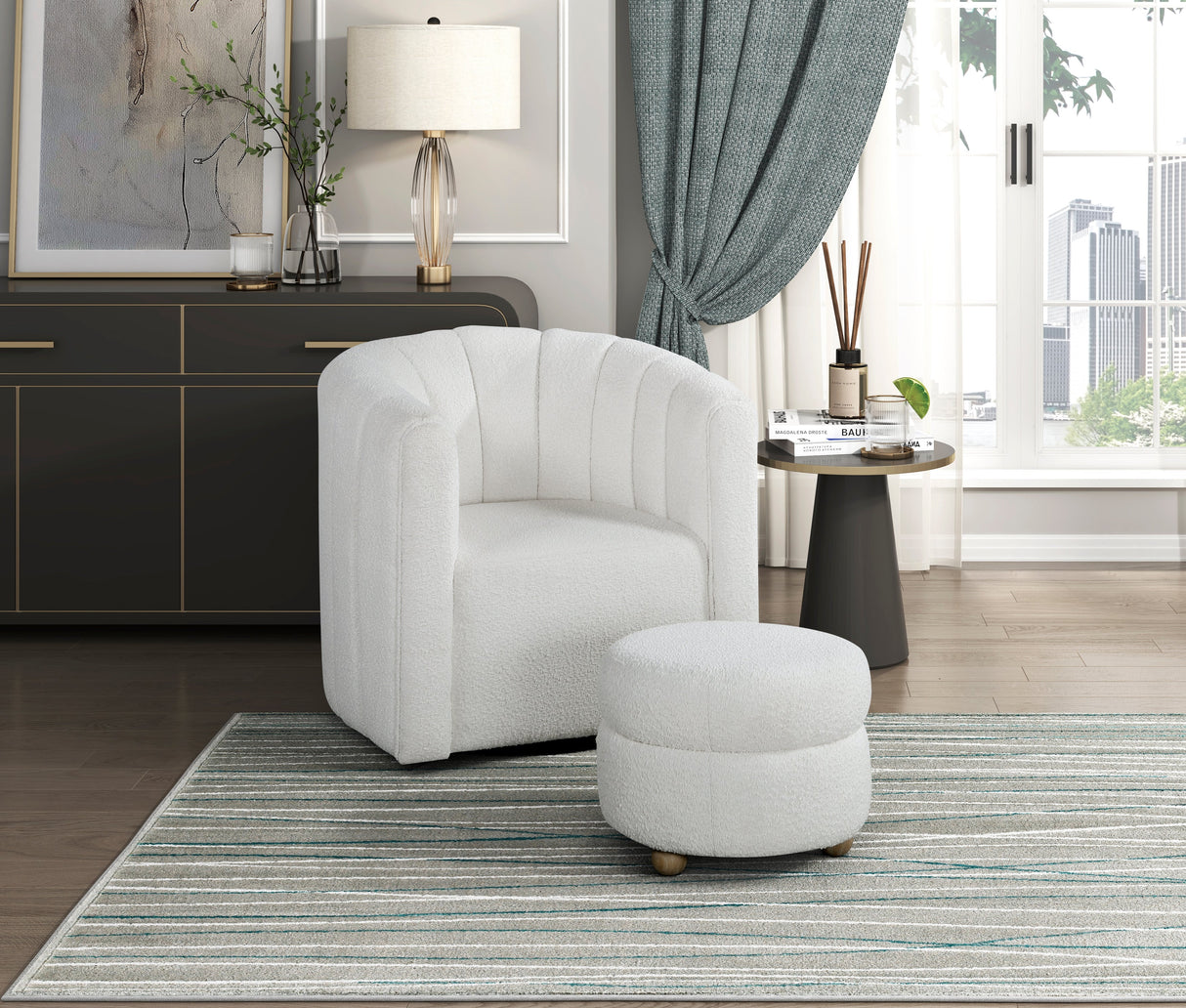 Delaney White Boucle Swivel Chair with Ottoman by Homelegance at Eve Furniture