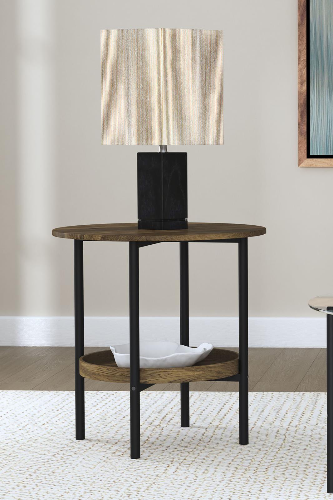 Delfin Black and Brown Round Glass Top End Table with Shelf by Coaster at Eve Furniture