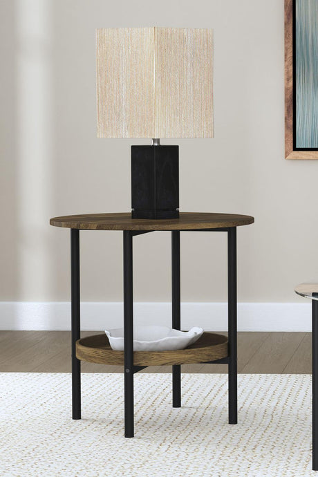Delfin Black and Brown Round Glass Top End Table with Shelf by Coaster at Eve Furniture