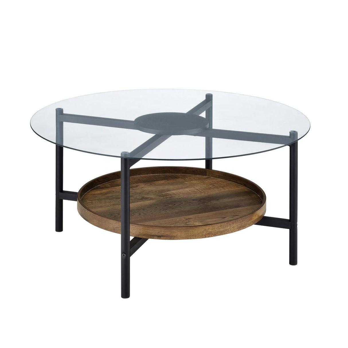 Delfin Round Glass Top Coffee Table with Shelf Black and Brown