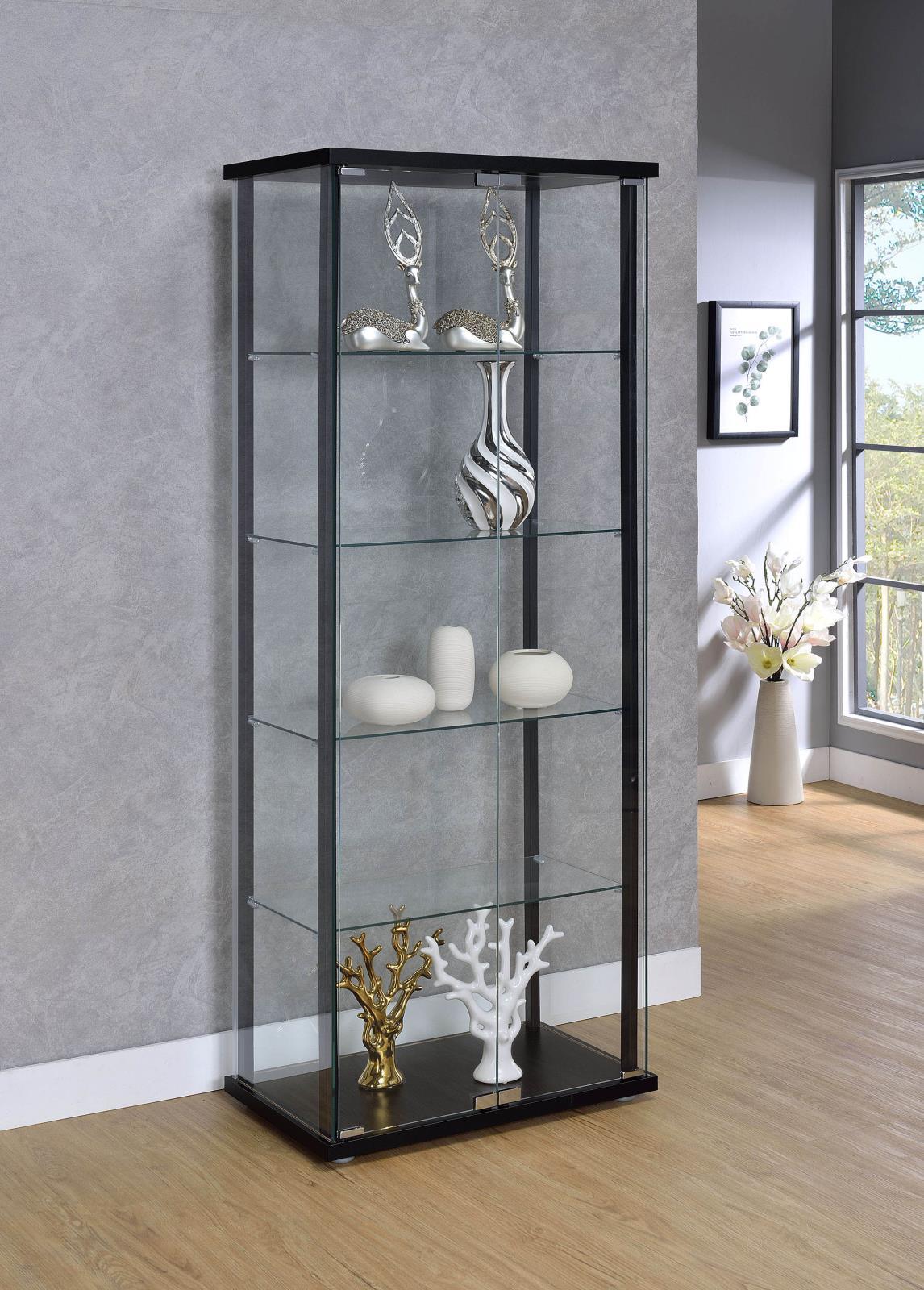 Delphinium Black/Clear 5-Shelf Glass Curio Cabinet by Coaster at Eve Furniture