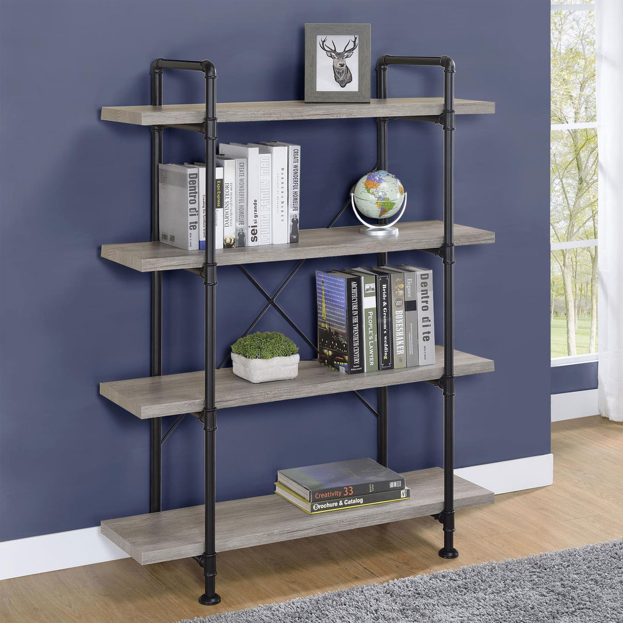 Delray Gray Driftwood/Black 4-Tier Open Shelving Bookcase