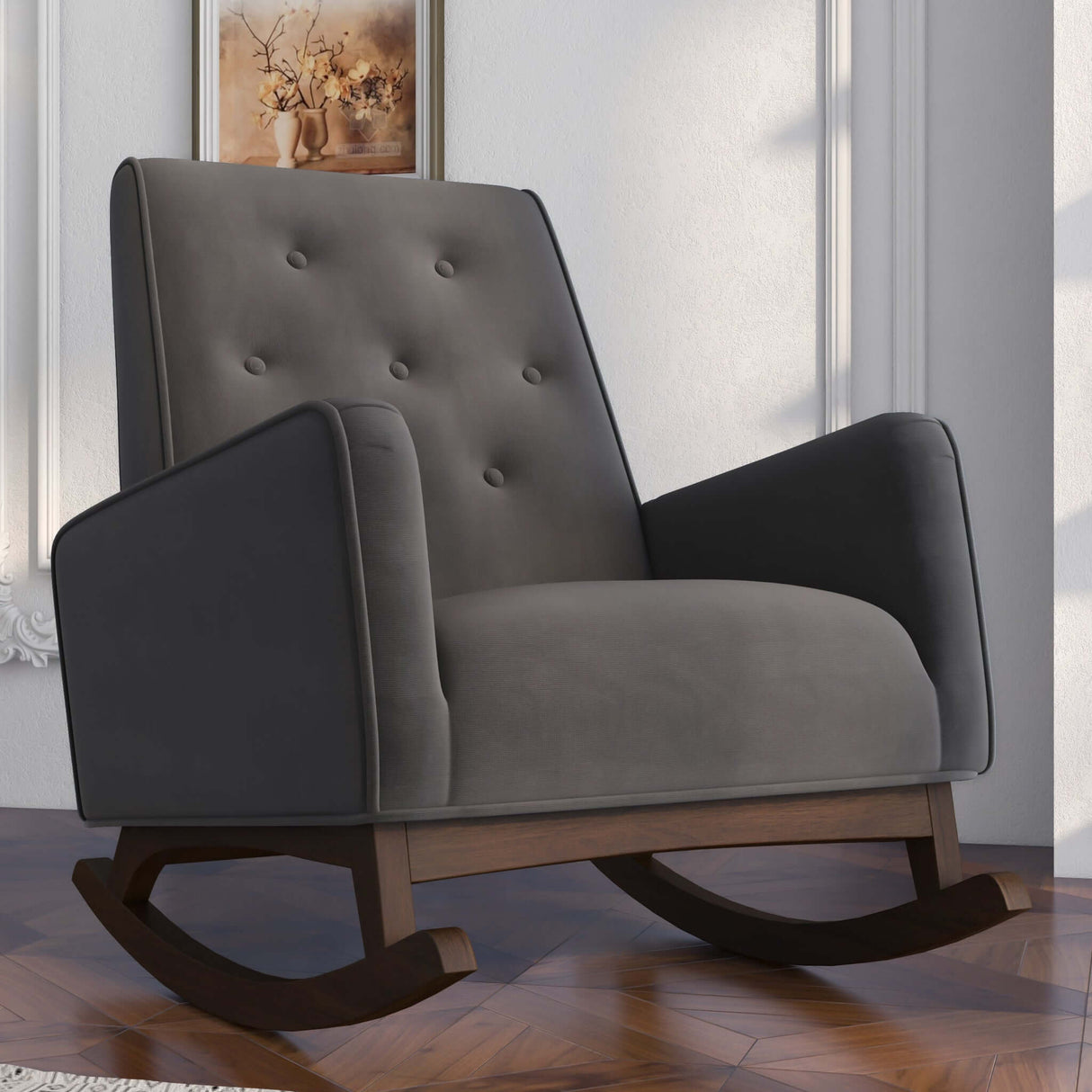Demetrius Solid Wood Rocking Chair Dark Grey Microfiber
