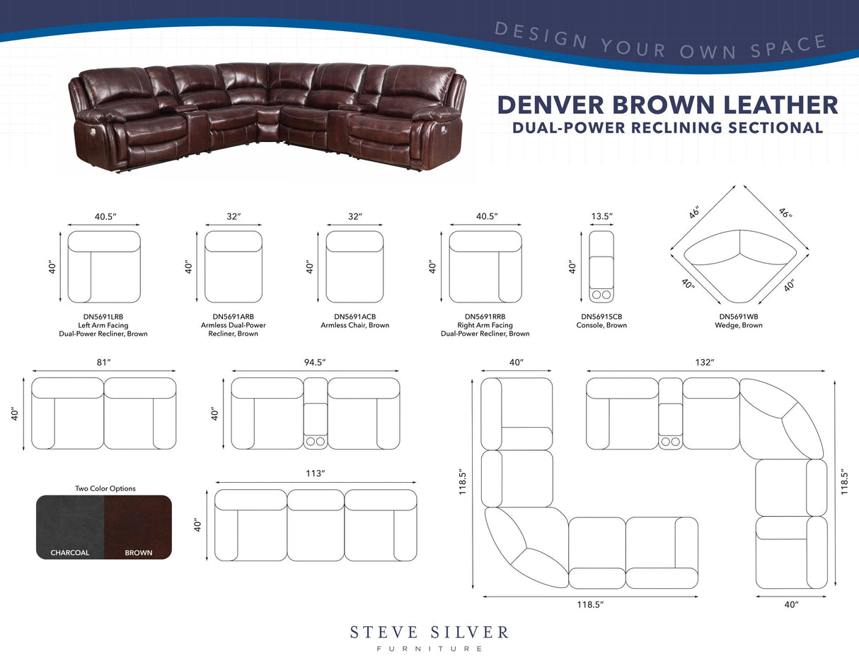 Denver Dual-Power 6-Piece Leather Sectional, Brown