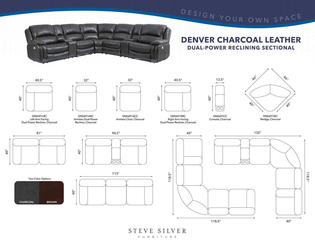 Denver Dual-Power 6-Piece Sectional, Charcoal