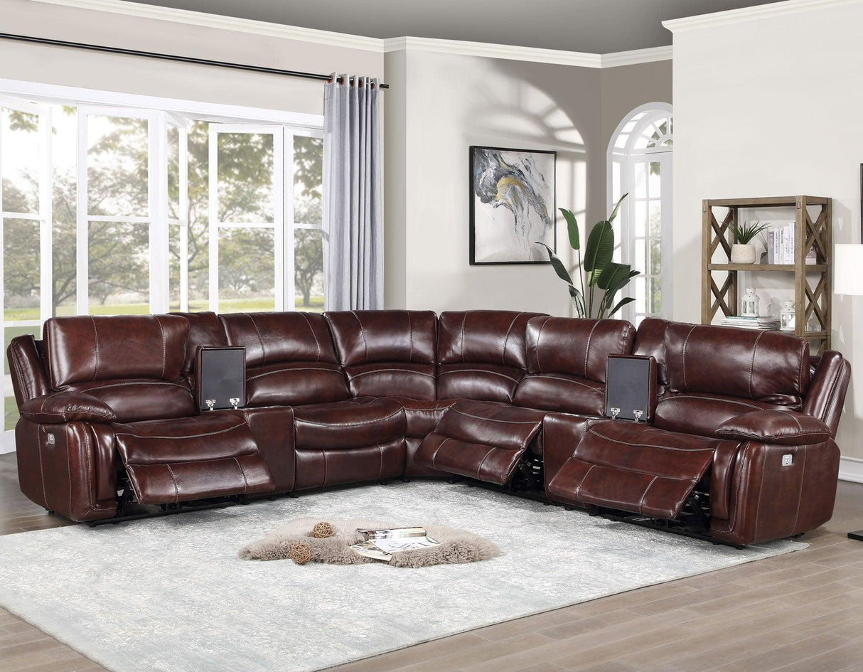 Denver Brown Dual-Power 6-Piece Leather Sectional by Steve Silver at Eve Furniture