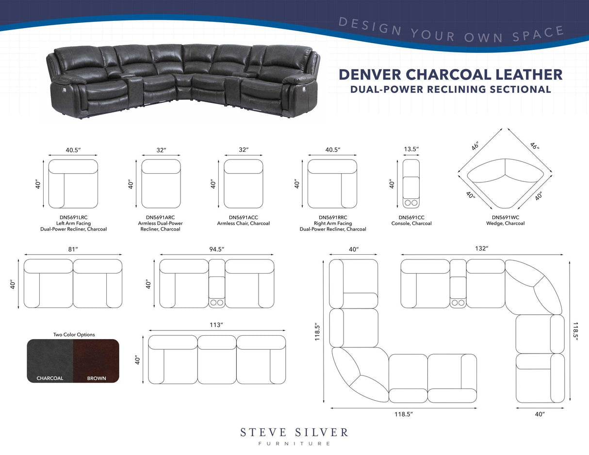 Denver Charcoal Dual-Power 6-Piece Sectional by Steve Silver at Eve Furniture