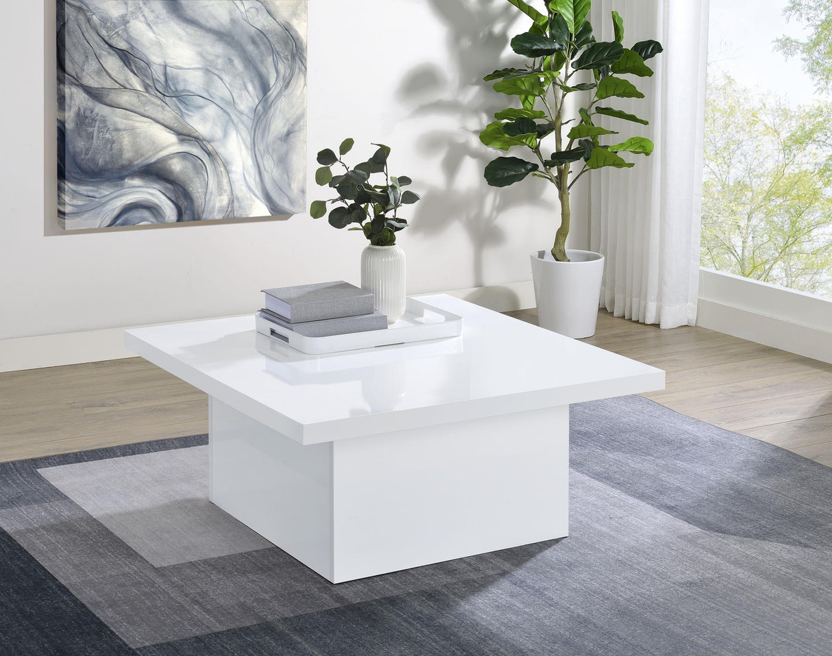 Devar White High Gloss Square Engineered Wood Coffee Table by Coaster at Eve Furniture