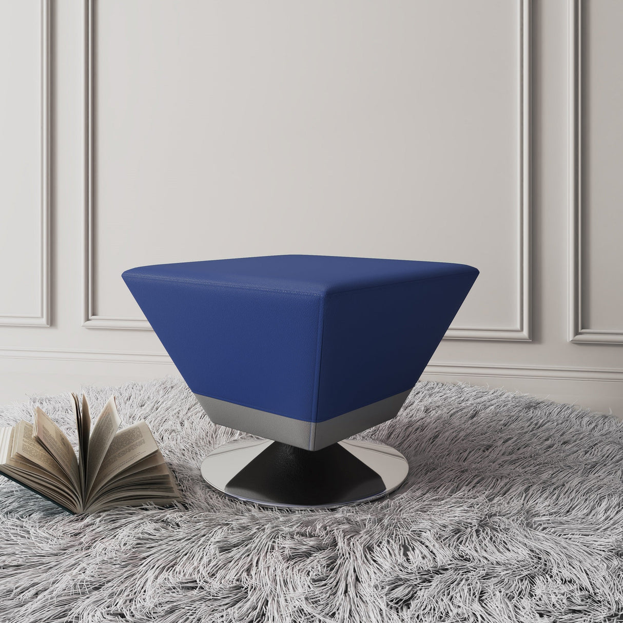 Diamond Swivel Ottoman in Blue and Polished Chrome by Manhattan Comfort at Eve Furniture