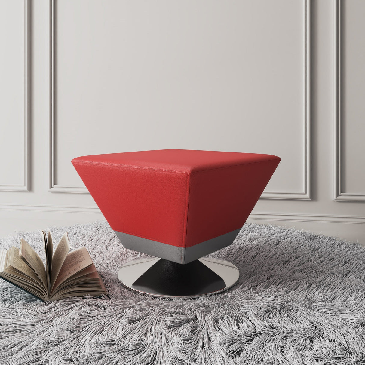 Diamond Swivel Ottoman in Red and Polished Chrome by Manhattan Comfort at Eve Furniture
