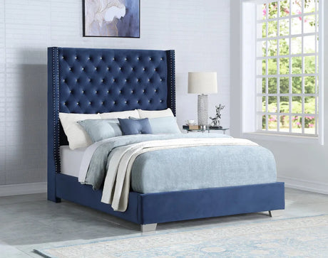 Diamond Tufted Blue Velvet 6 FT King Bed by Happy Homes at Eve Furniture