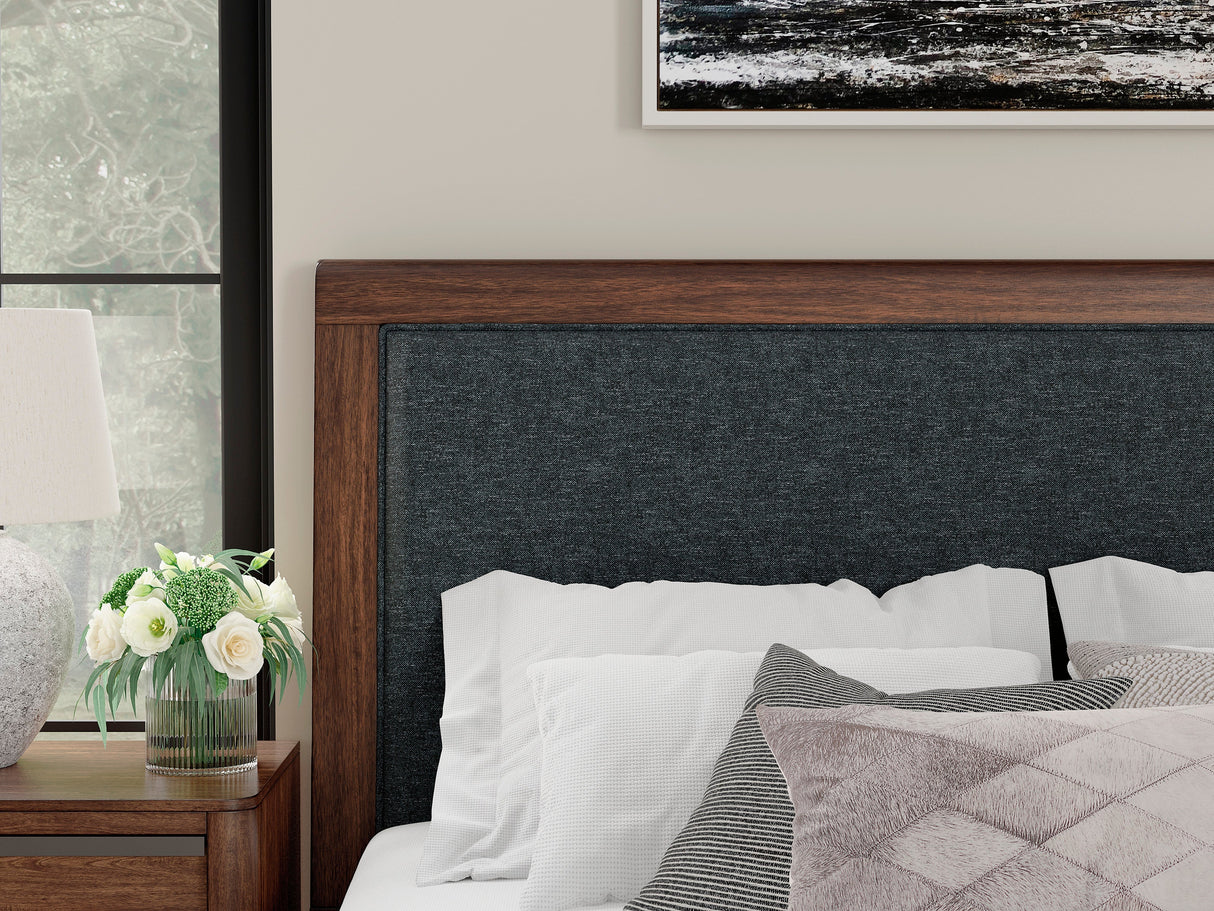 Dilenno Dark Brown Upholstered Panel Bedroom Set by Ashley at Eve Furniture
