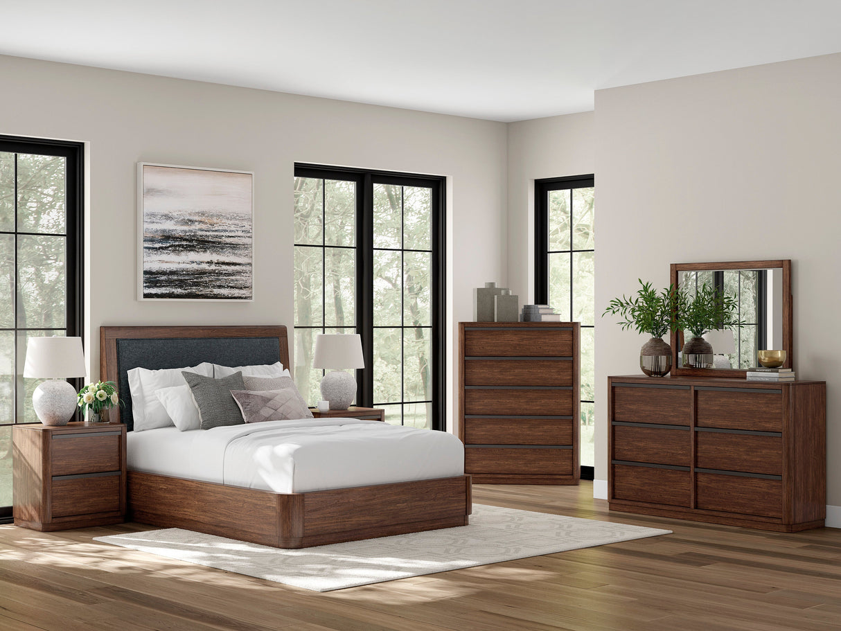 Dilenno Dark Brown Upholstered Panel Bedroom Set by Ashley at Eve Furniture