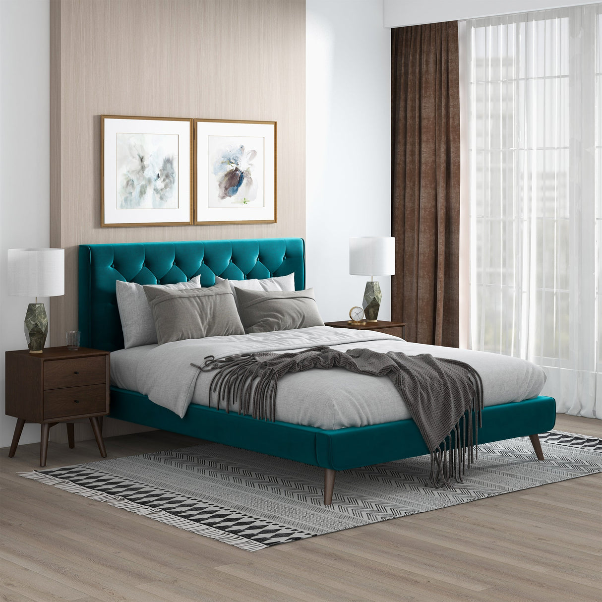 Dillon Teal Velvet Platform Bed(Queen Size) by Ashcroft Imports at Eve Furniture