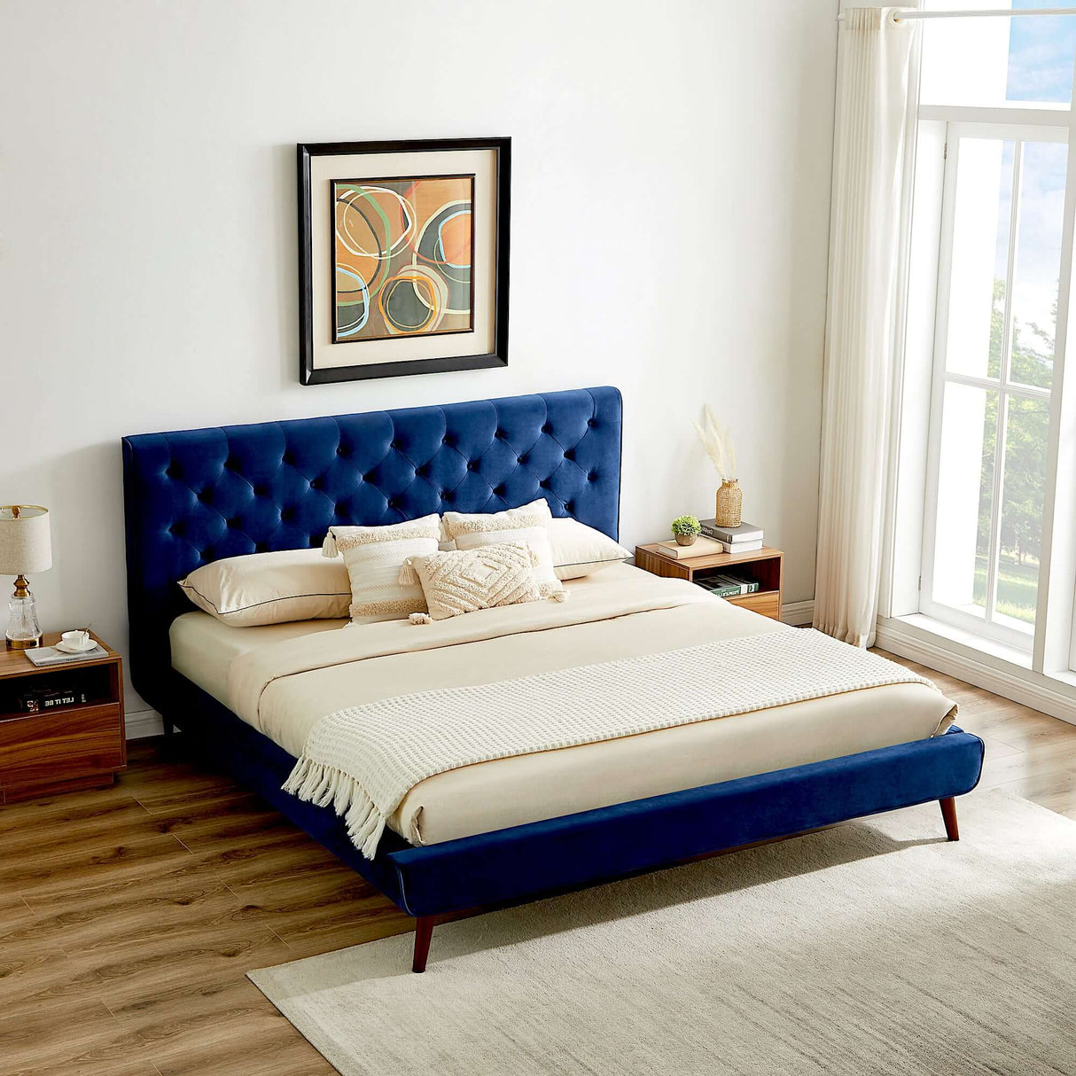 Dillon Velvet Platform Bed Queen / Blue