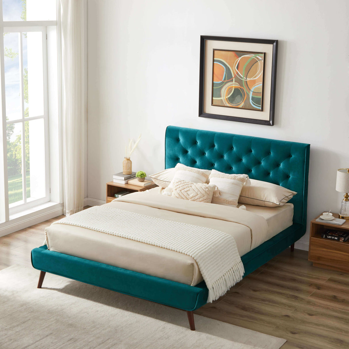 Dillon Velvet Platform Bed Queen / Teal