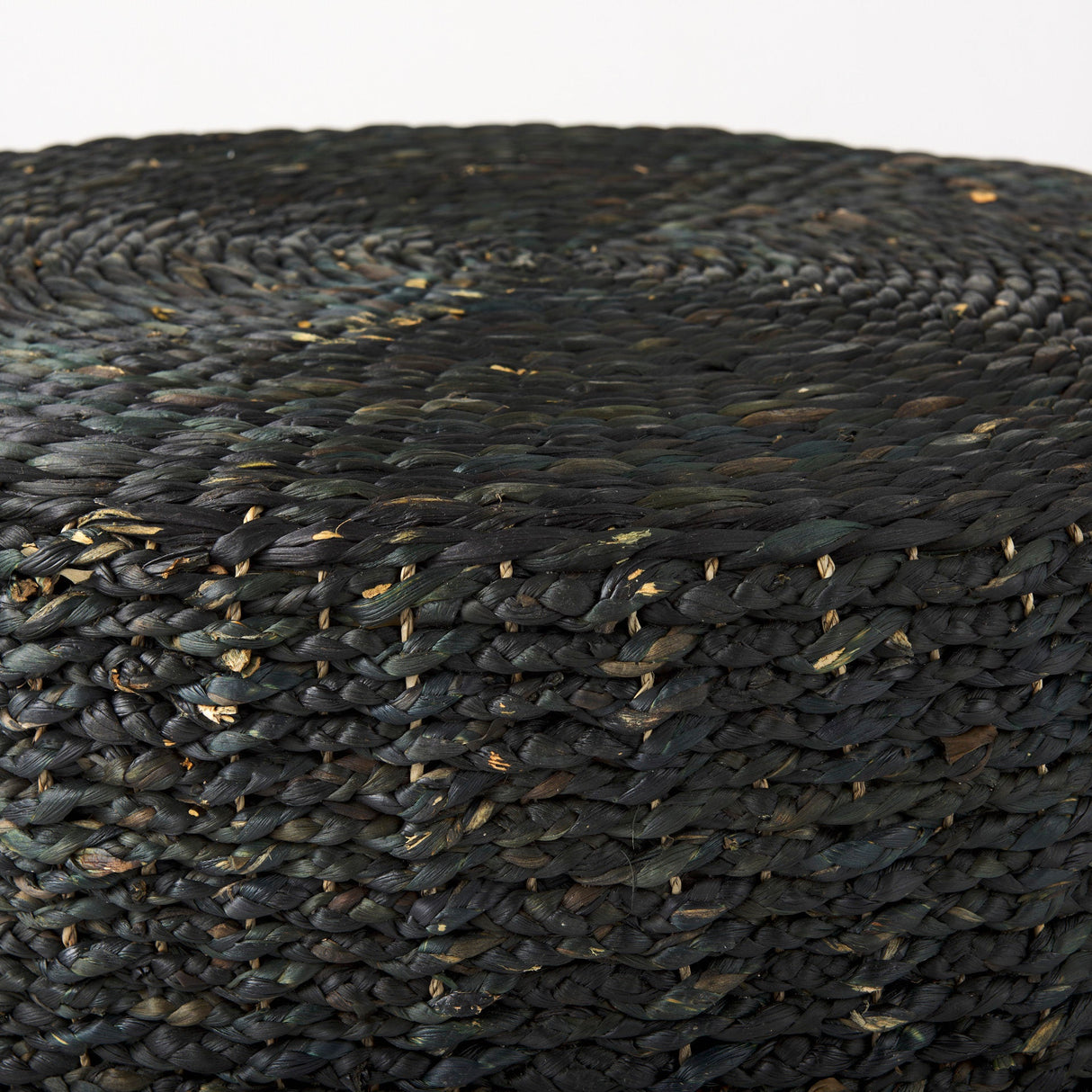 Dina Black Cornhusk and Water Hyacinth Round Coffee Table Pouf by Mercana at Eve Furniture