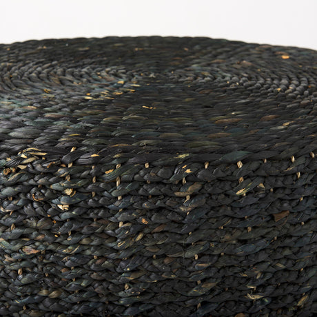 Dina Black Cornhusk and Water Hyacinth Round Coffee Table Pouf by Mercana at Eve Furniture
