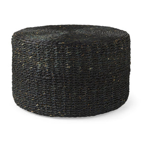 Dina Black Cornhusk and Water Hyacinth Round Coffee Table Pouf by Mercana at Eve Furniture