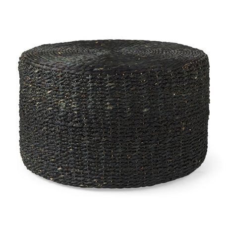 Dina Black Cornhusk and Water Hyacinth Round Coffee Table Pouf by Mercana at Eve Furniture