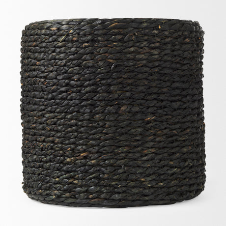 Dina Black Cornhusk and Water Hyacinth Round Pouf by Mercana at Eve Furniture