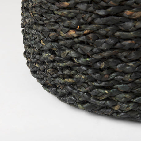 Dina Black Cornhusk and Water Hyacinth Round Pouf by Mercana at Eve Furniture