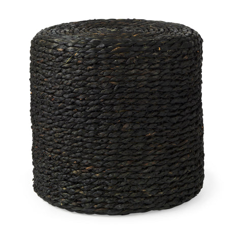 Dina Black Cornhusk and Water Hyacinth Round Pouf by Mercana at Eve Furniture
