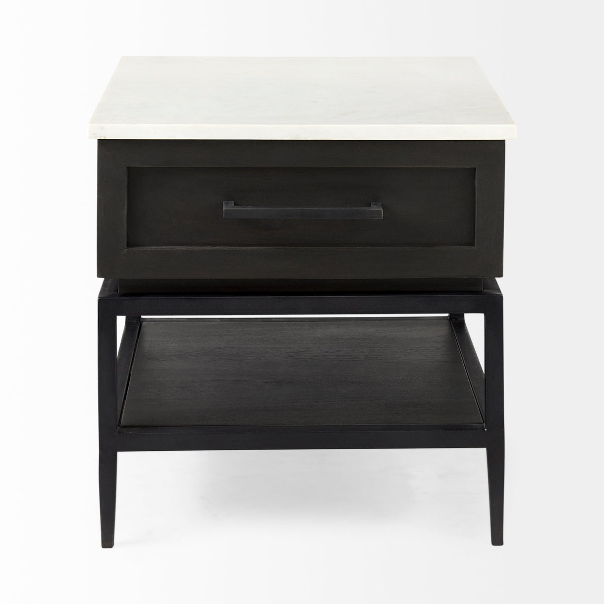 Divina Black-Brown Wood w/ White Marble Top and Black Metal Base 1 Drawer Side Table by Mercana at Eve Furniture