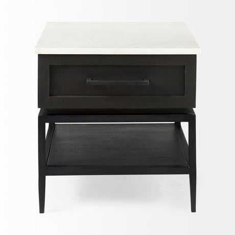 Divina Black-Brown Wood w/ White Marble Top and Black Metal Base 1 Drawer Side Table by Mercana at Eve Furniture