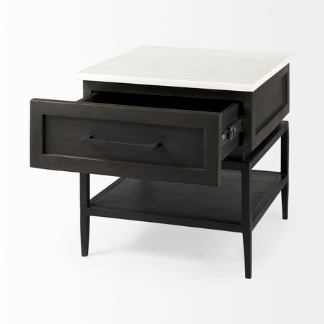 Divina Black-Brown Wood w/ White Marble Top and Black Metal Base 1 Drawer Side Table by Mercana at Eve Furniture