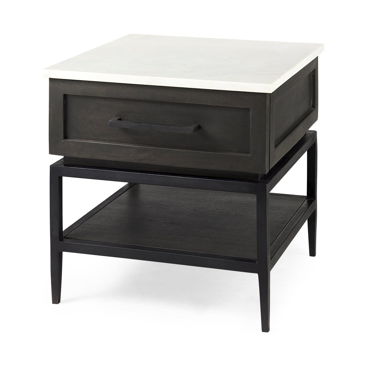 Divina Black-Brown Wood w/ White Marble Top and Black Metal Base 1 Drawer Side Table by Mercana at Eve Furniture